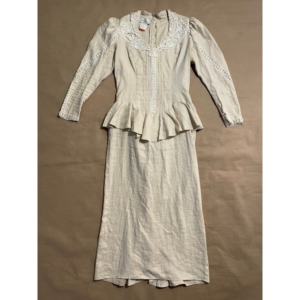Vintage 80s Jessica McClintock Formal Victorian Dress 8 Ivory Linen Bridgerton